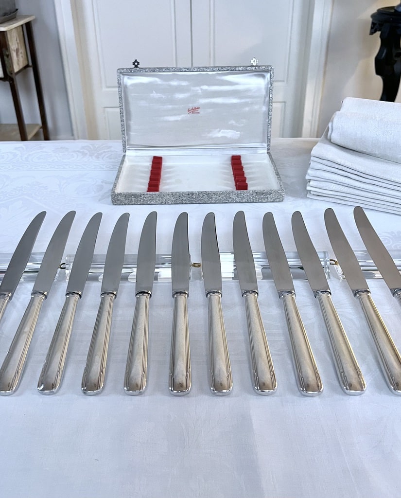 Lot de 8 couteaux art déco manches corne lame Aux 2 lions inox