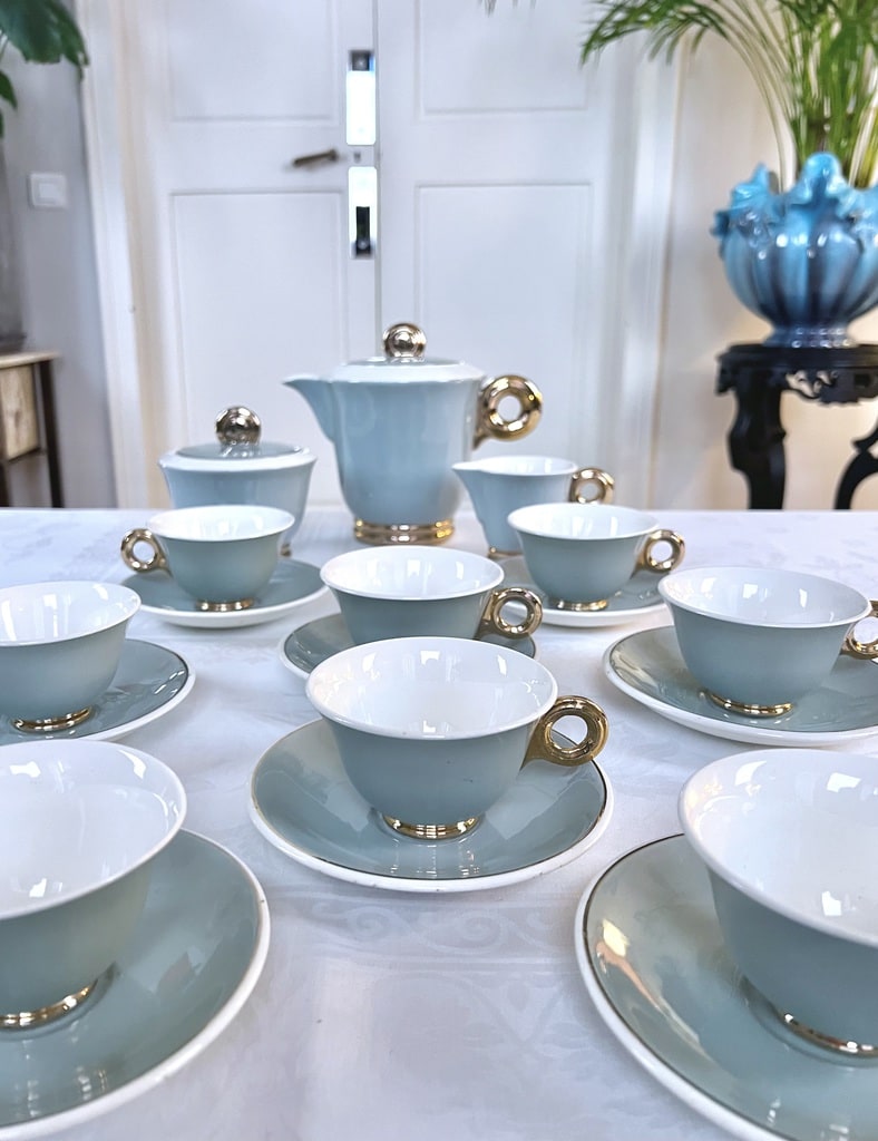 service-a-the-cafe-faience-art-deco-digoin-sarreguemines-vert-celadon-or-fin-tasses-theiere-brocante-art-de-la-table-antiquaire-france