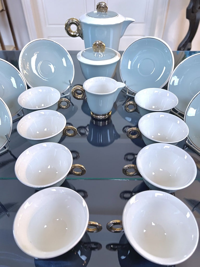 tasse-the-cafe-art-deco-dogoin-sarreguemins-vert-celadon-or-fin-sucrier-theiere-cremier-sous-tasses-brocante-antiquaire
