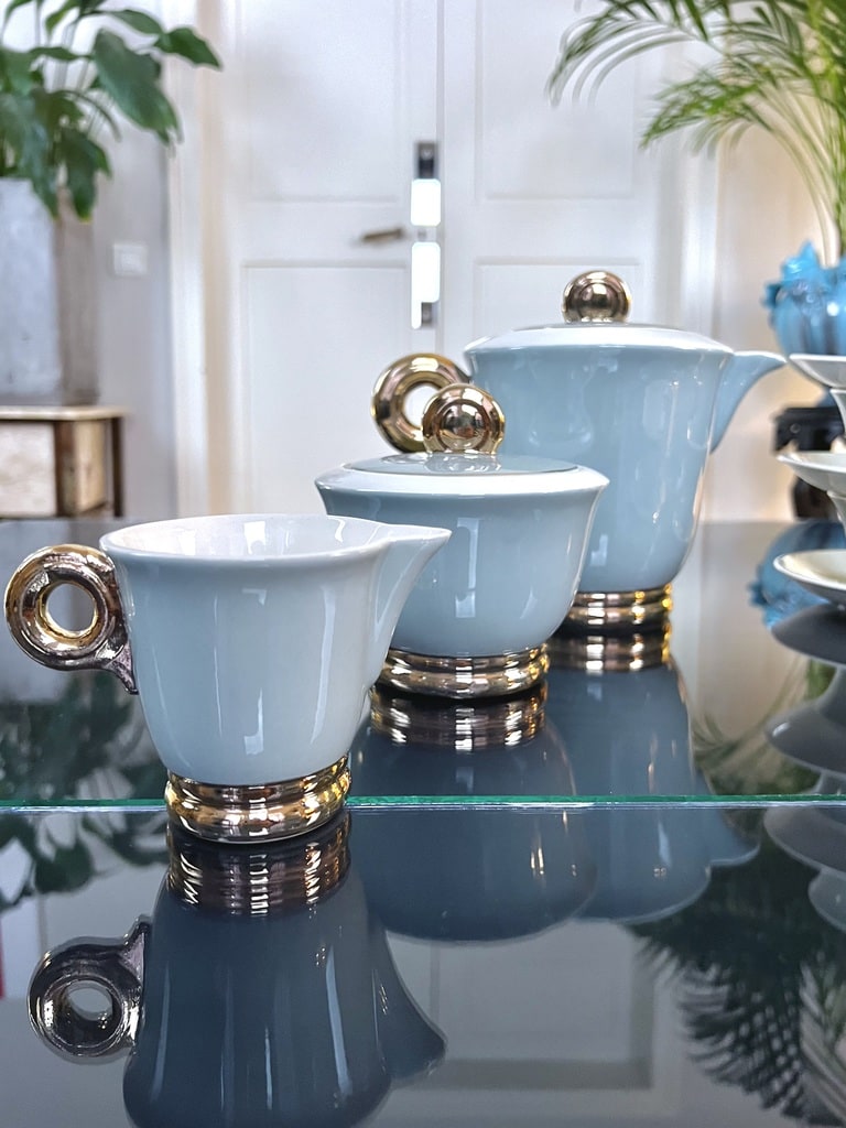 theiere-sucrier-cremier-art-deco-faience-sarreguemines-digoin-vert-celadon-or-fin-service-de-table-vintage-brocante-antiquites