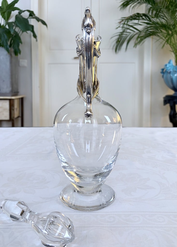 aiguiere-carafe-eau-vin-cristal-de-lorraine-et-metal-argente-bouteille-brocante-vintage-antiquites