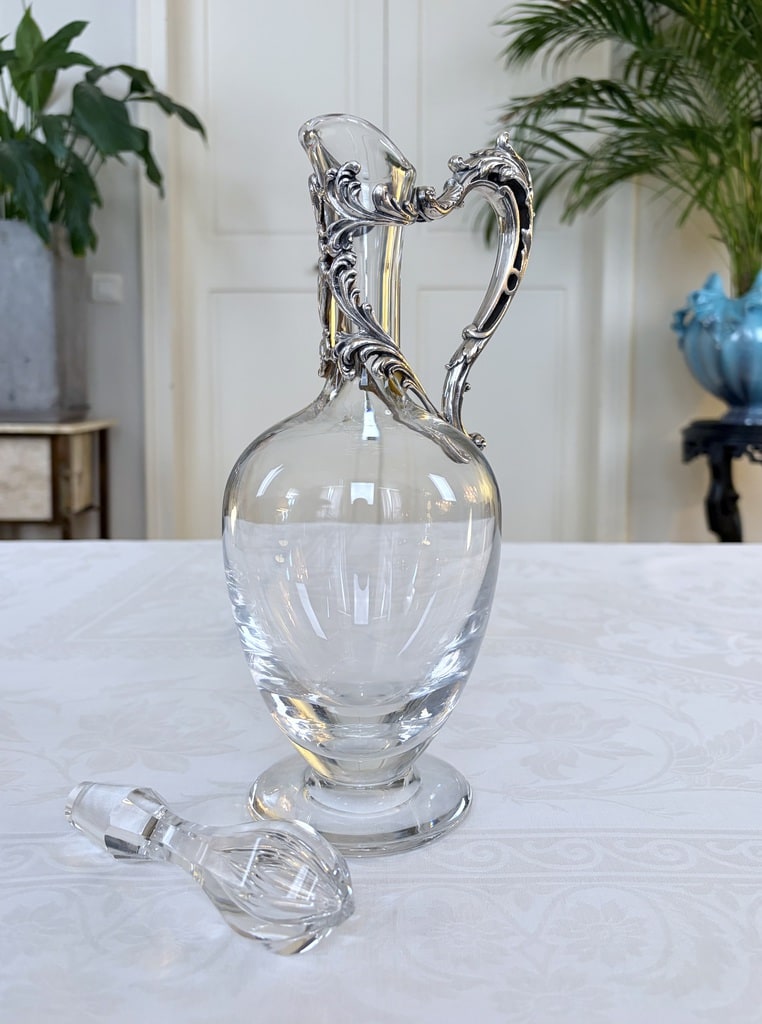 carafe-en-cristal-de-lorraine-aiguiere-metal-argente-eau-vin-art-de-la-table-brocante-vintage-antiquaire
