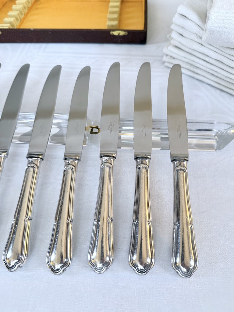 couteaux-a-entremets-manche-metal-argente-lames-acier-inoxydable-menagere-coffret-vaisselle-vintage-antiquites-brocante