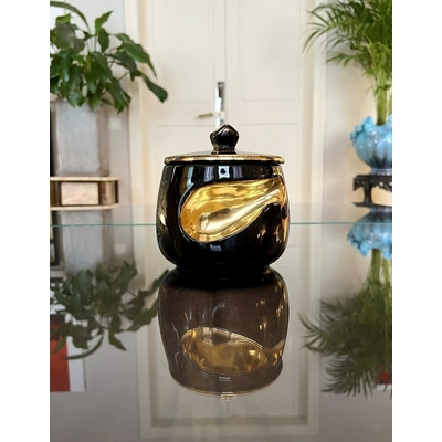 pot-a-tabac-vintage-ceramique-noir-doré-objet-fumeur-ancien-brocante