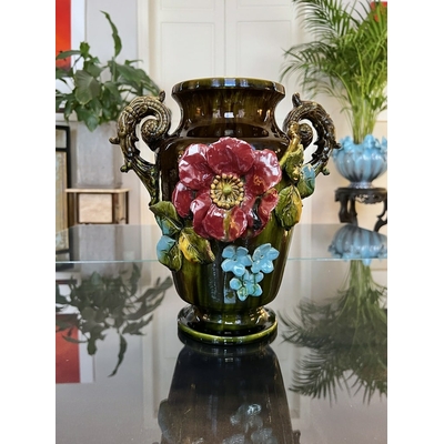 vase-en-barbotine-napoleon-3-faience-decor-fleurs-objets-decoration-ancien-19e-siecle-antiquites-brocante