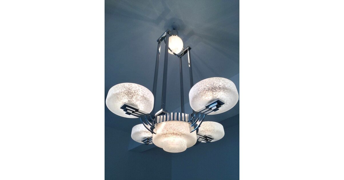 Lustre Design Moderne 3 Lumières - Chrome Et Verre Blanc - Style Art Nouveau - Pour Salon Ou Salle à Manger - Occasion Bon état