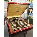 coffret-couteaux-anciens-corne-bovine-métal-argente-lame-inox-vaisselle-epoque-art-deco-brocante-antiquites