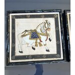 cadre-ancien-napoleon-3-bois-noirci-facon-bambou-peinture-sur-soie-equestre-cheval-indien-brocante-antiquaire