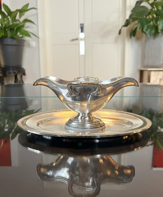 Saucière à plateau en métal argenté Roux Marquiand Lignes croisées