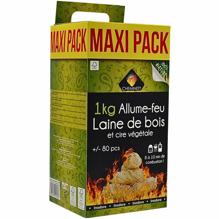 Allume-feu laine de bois naturel pour barbecue, cheminée et poêle