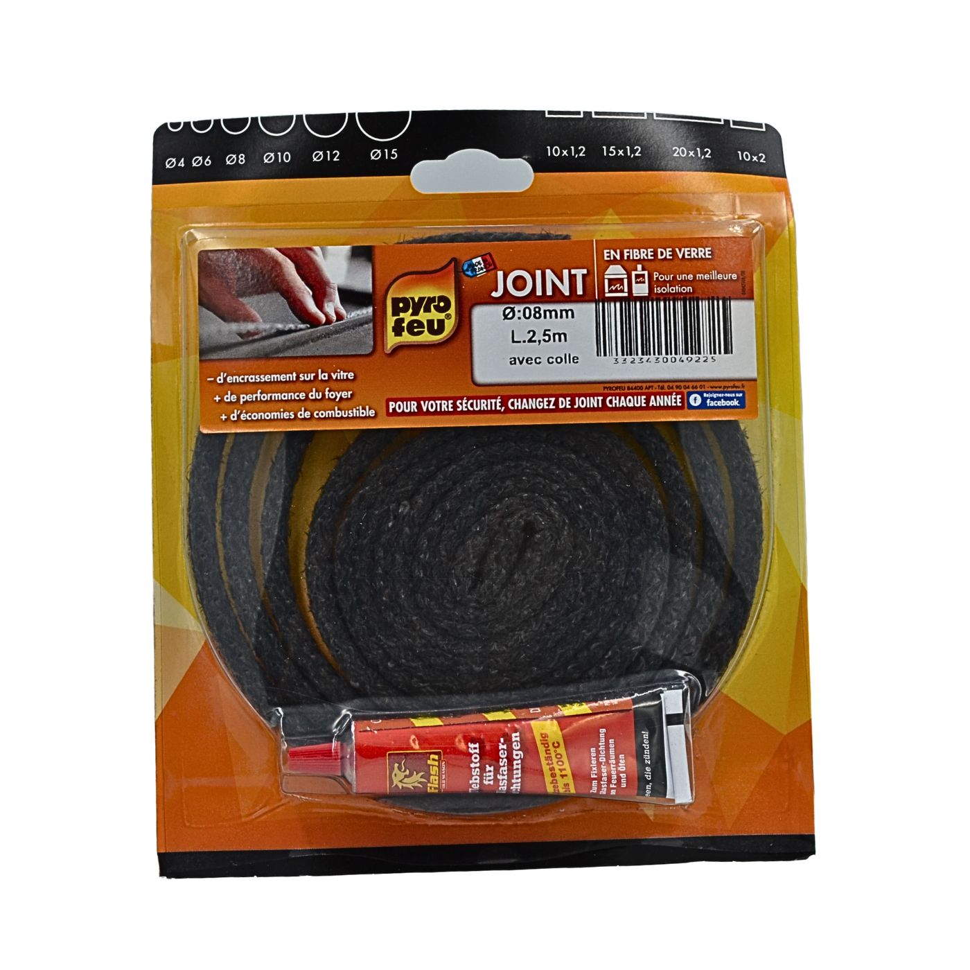JOINT TRESSE RONDE FIBRE DE VERRE POUR POELE Diamètre 8mm + COLLE