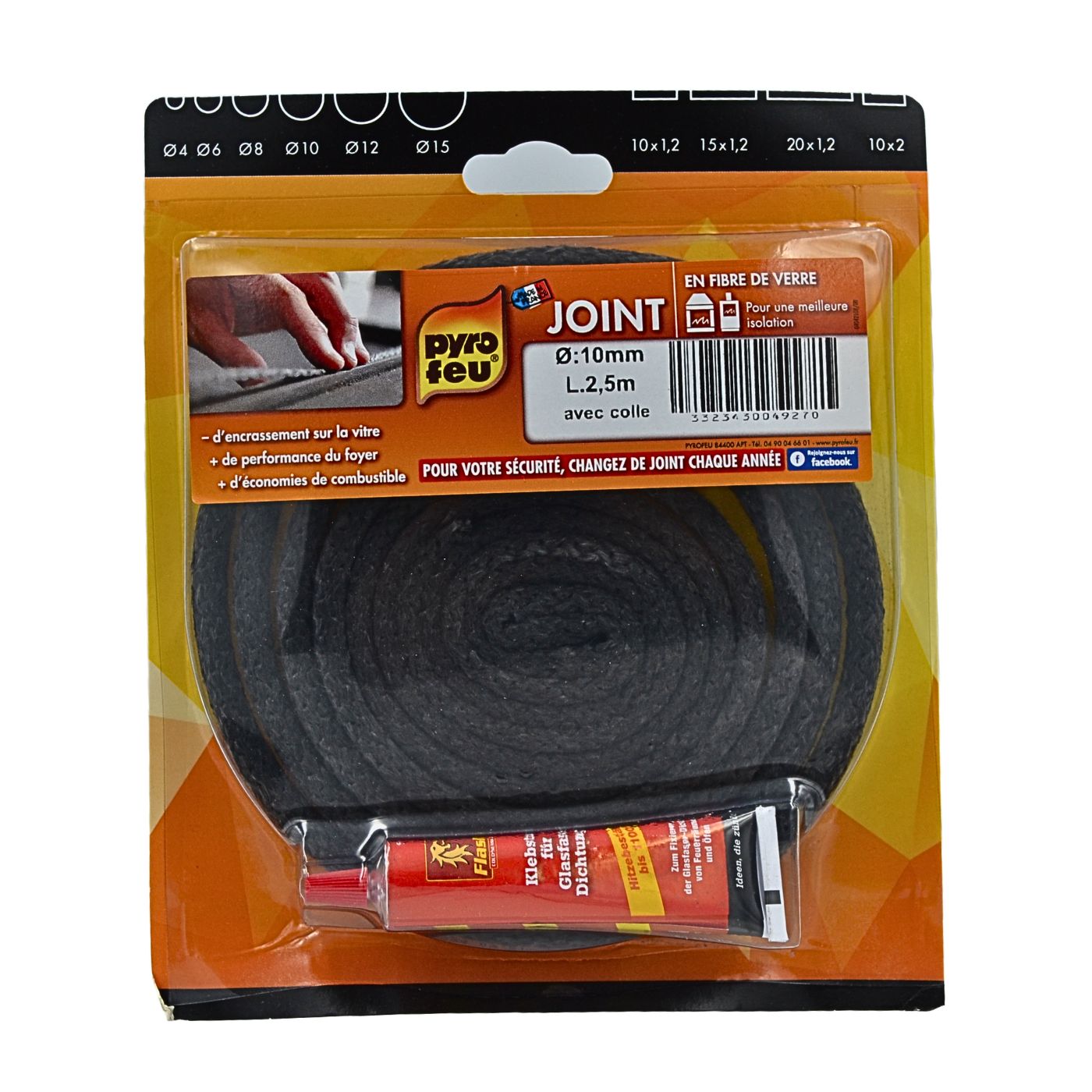 JOINT TRESSE RONDE FIBRE DE VERRE POUR POELE Diamètre 10mm + COLLE