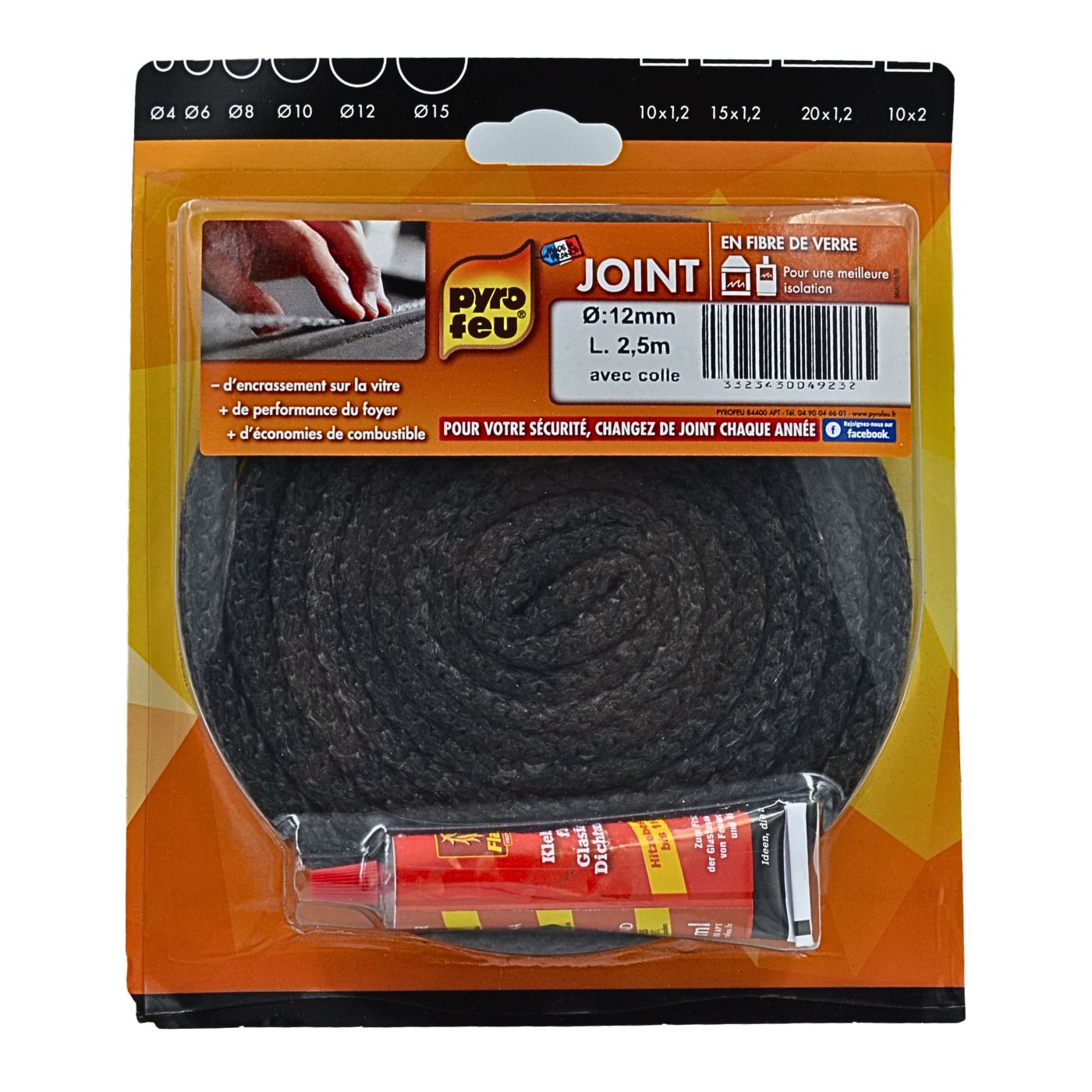 JOINT TRESSE RONDE FIBRE DE VERRE POUR POELE Diamètre 12mm + COLLE