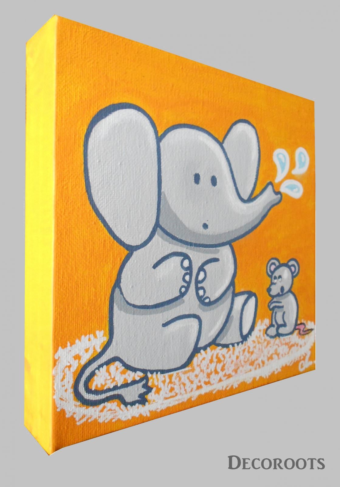 tableau enfant bébé éléphant et souris orange et gris profill