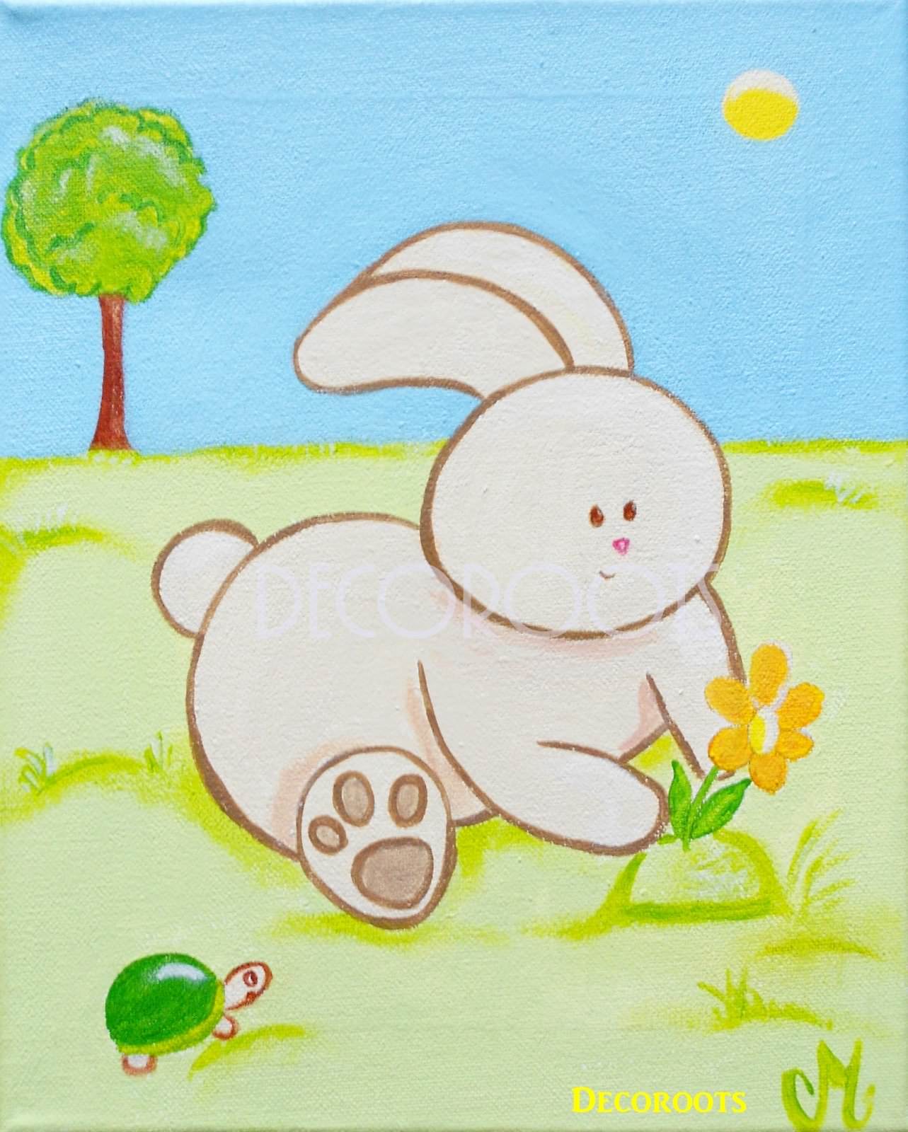 tableau enfant bébé lapin au jardin nature