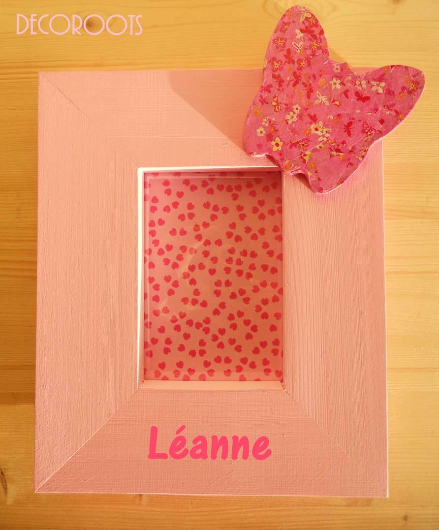 cadre photo enfant bébé fille en bois thème papillon rose 2