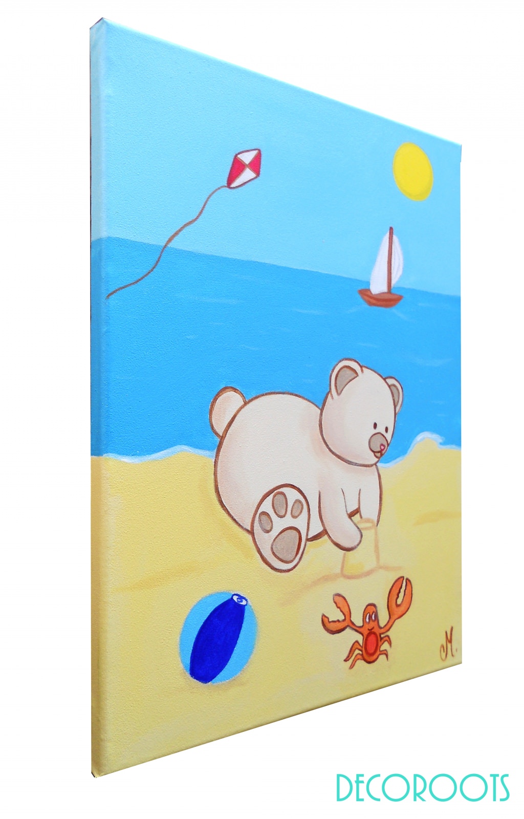 tableau enfant bébé garçon ours à la plage mer décoration