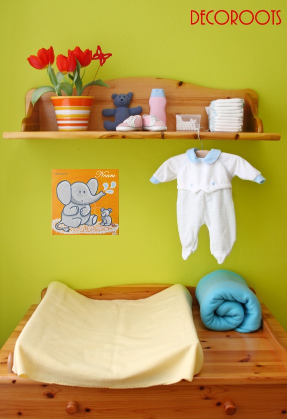 tableau enfant bébé éléphant souris gris et orange thème jungle savane brousse