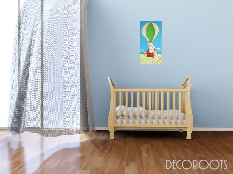 tableau enfant bébé lapin en montgolfière bleu et vert beige garçon marron