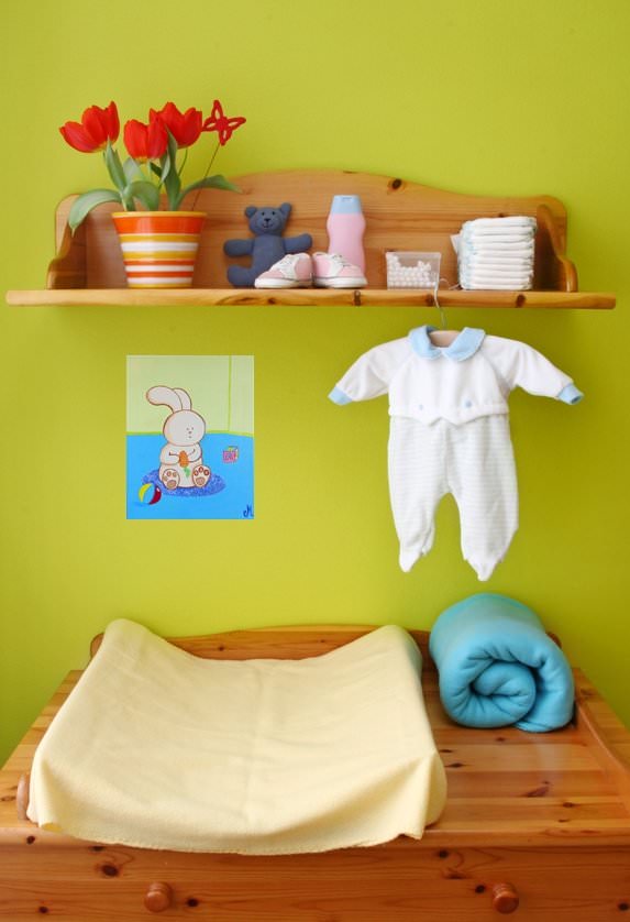 tableau enfant bébé lapin vert bleu beige peint à la main garçon