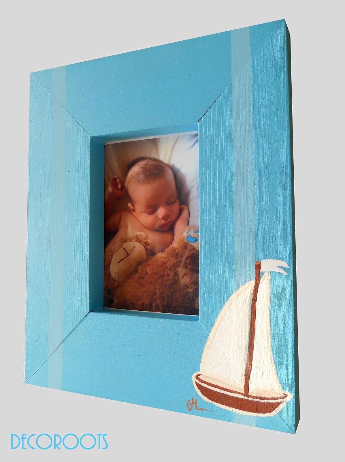 cadre photo en bois thème bord de mer décoration enfant bébé voilier bateau bleu rayure 2