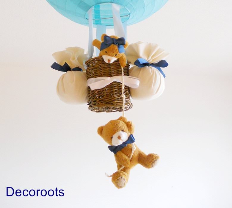 lampe montgolfière enfant bébé ours et oursonne bleu marine bleu beige zoom