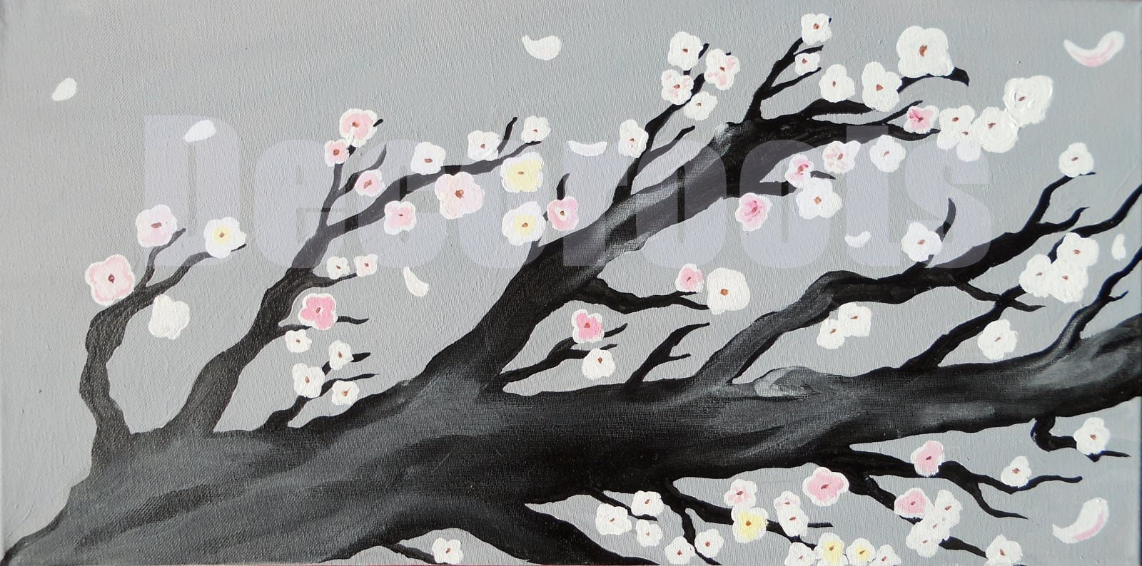 tableau cerisier en fleurs nature zen gris blanc noir 17