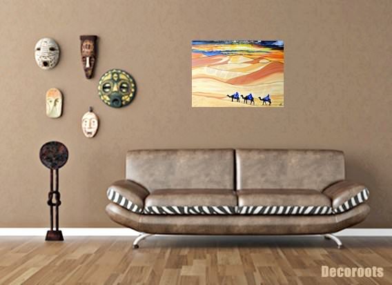 tableau ethnique désert coucher de soleil caravane de touareg décoration 3