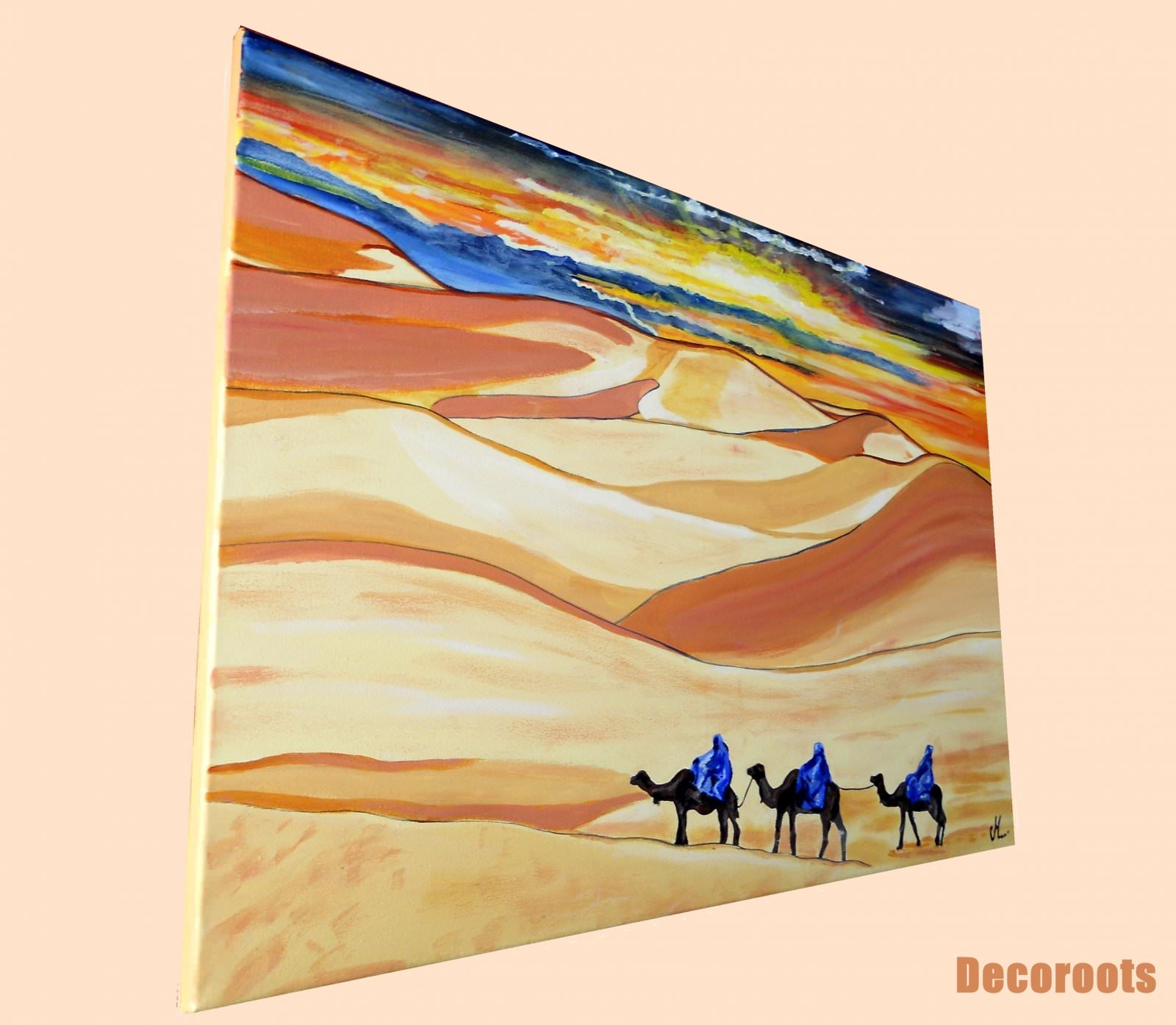 tableau ethnique désert coucher de soleil caravane de touareg décoration 2