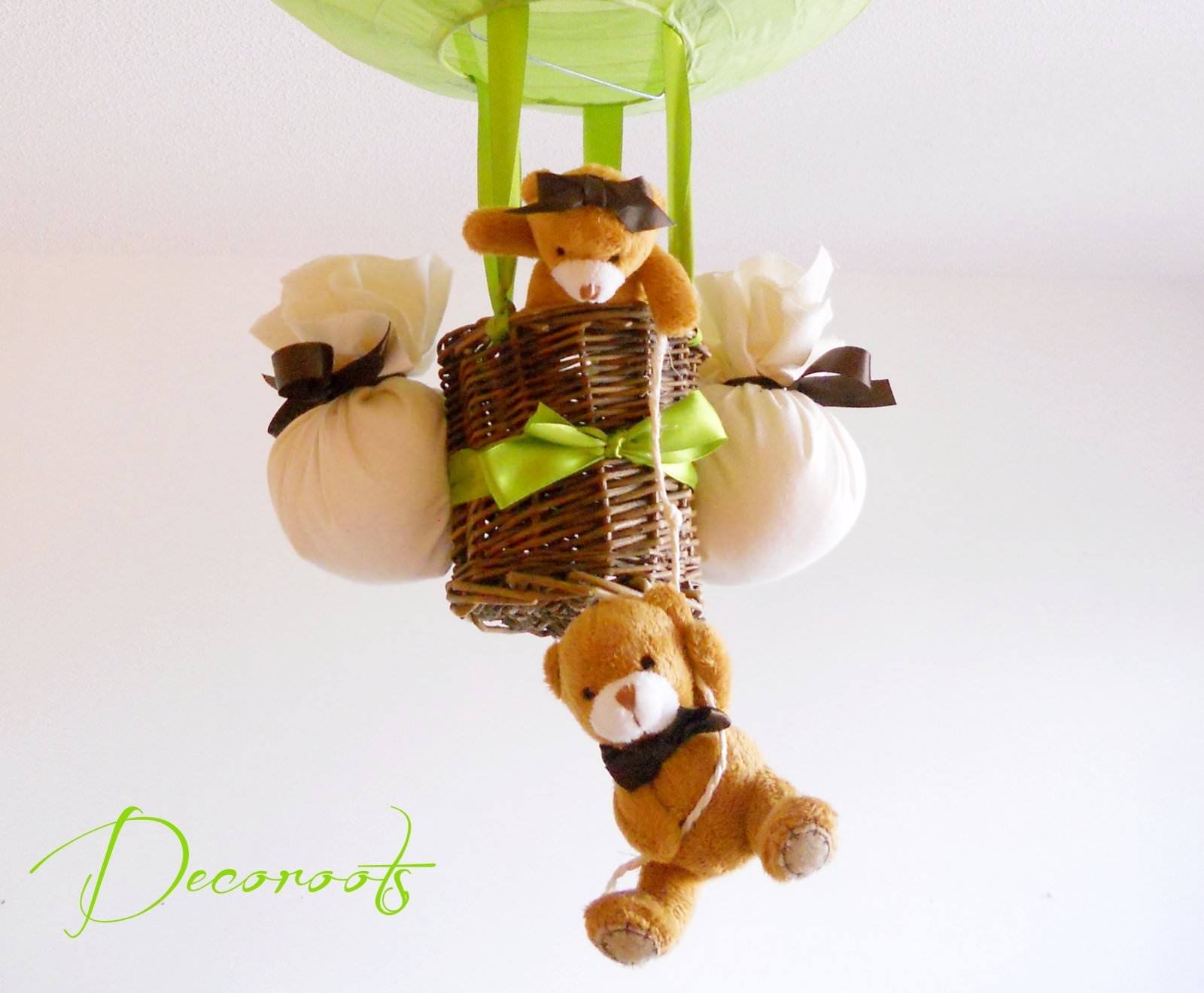 lampe montgolfière enfant bébé ours et oursonne vert anis et marron chocolat lustre suspension brun décoration