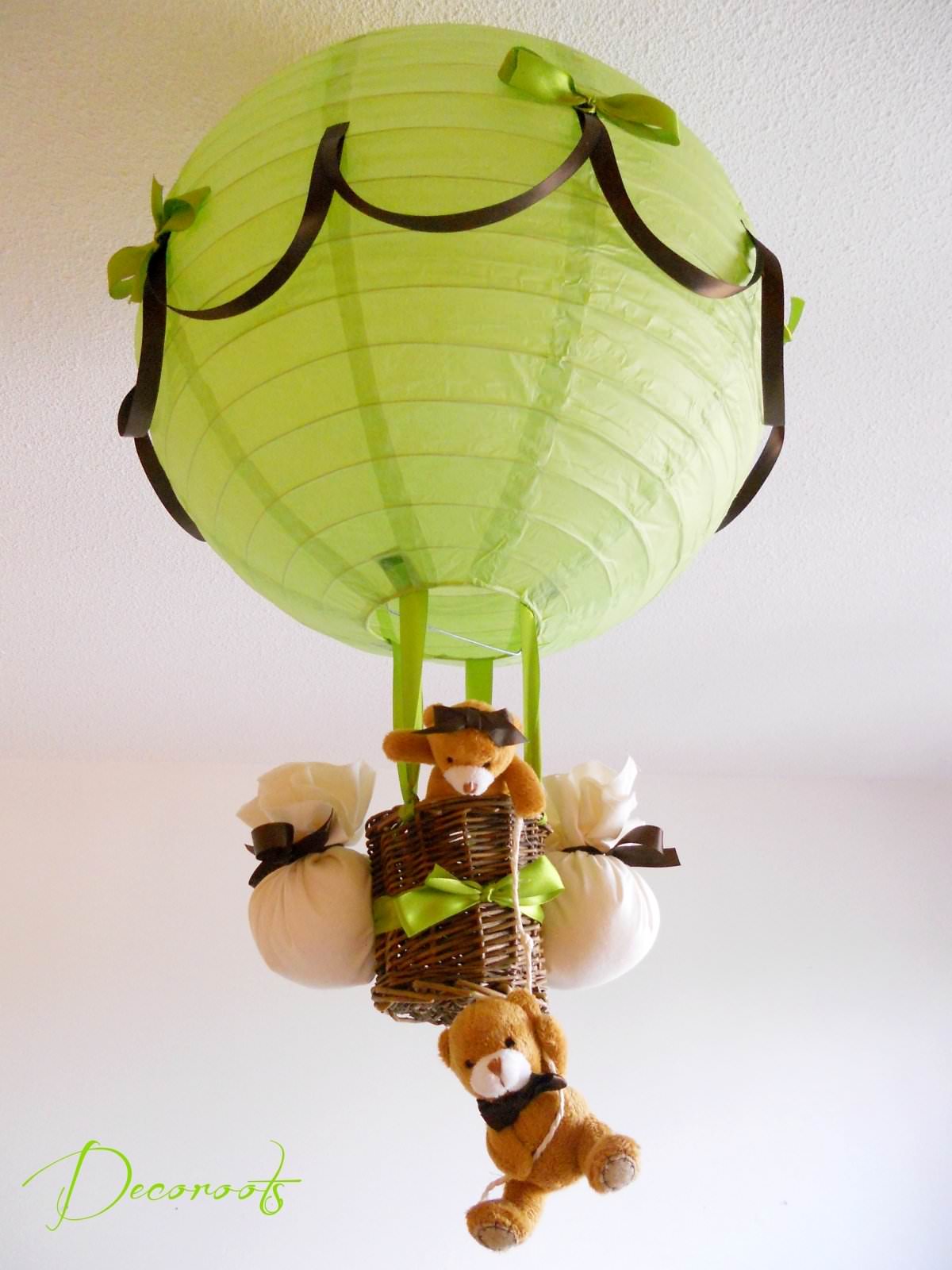 lampe montgolfière enfant bébé ours et oursonne vert anis et marron chocolat lustre suspension brun