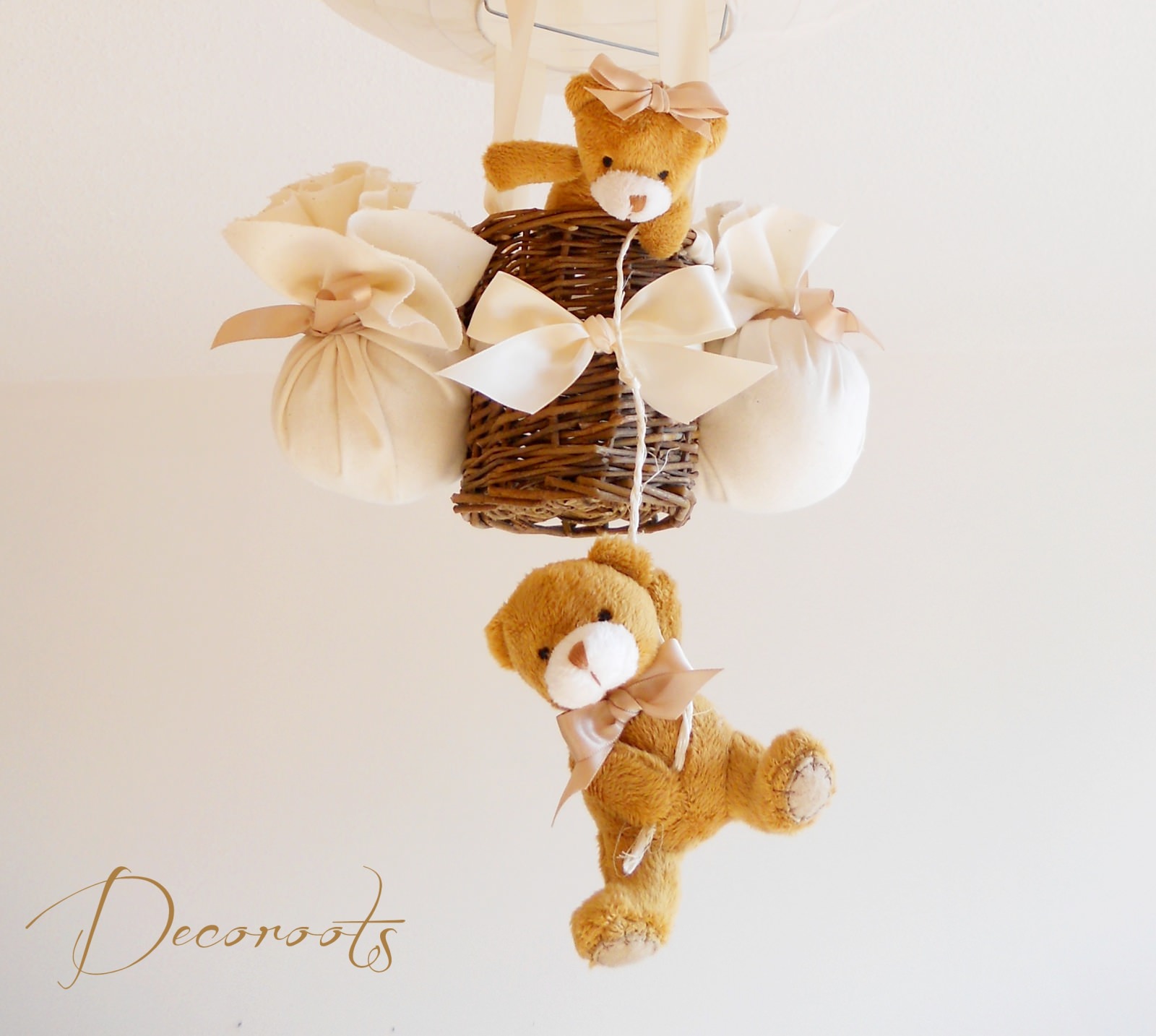 lampe montgolfière enfant bébé ours et oursonne beige ivoire marron noisette chocolat lustre suspension abat-jour décoration mixte fille garçon zoom