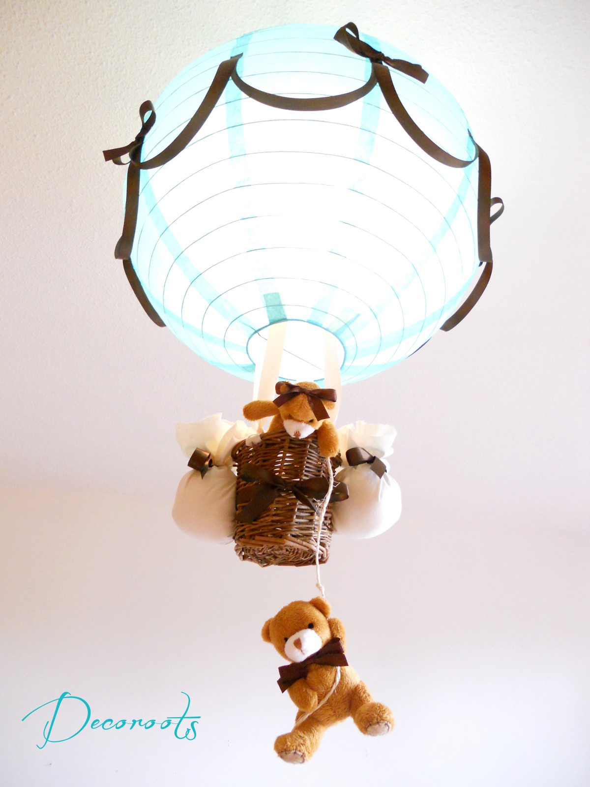 lampe montgolfière enfant bébé ours et oursonne marron chocolat turquoise garçon abat-jour lustre suspension décoration allumée