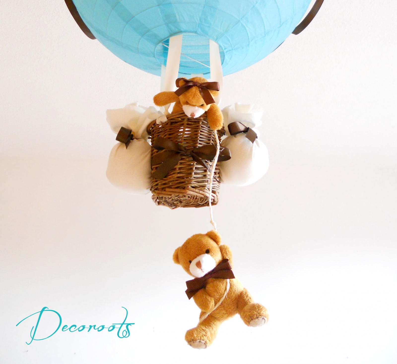 lampe montgolfière enfant bébé ours et oursonne marron chocolat turquoise garçon abat-jour lustre suspension décoration zoom