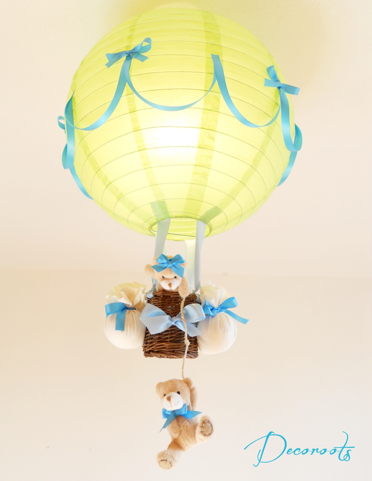 lampe montgolfière enfant bébé ours et oursonne beige vert et bleu turquoise garçon lustre abat jour suspension allumée