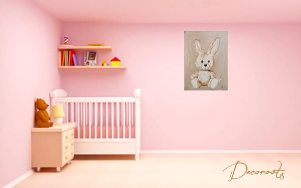 tableau enfant bébé lapin en peluche beige taupe marron chocolat décoration mixte fille garçon sf normal rose