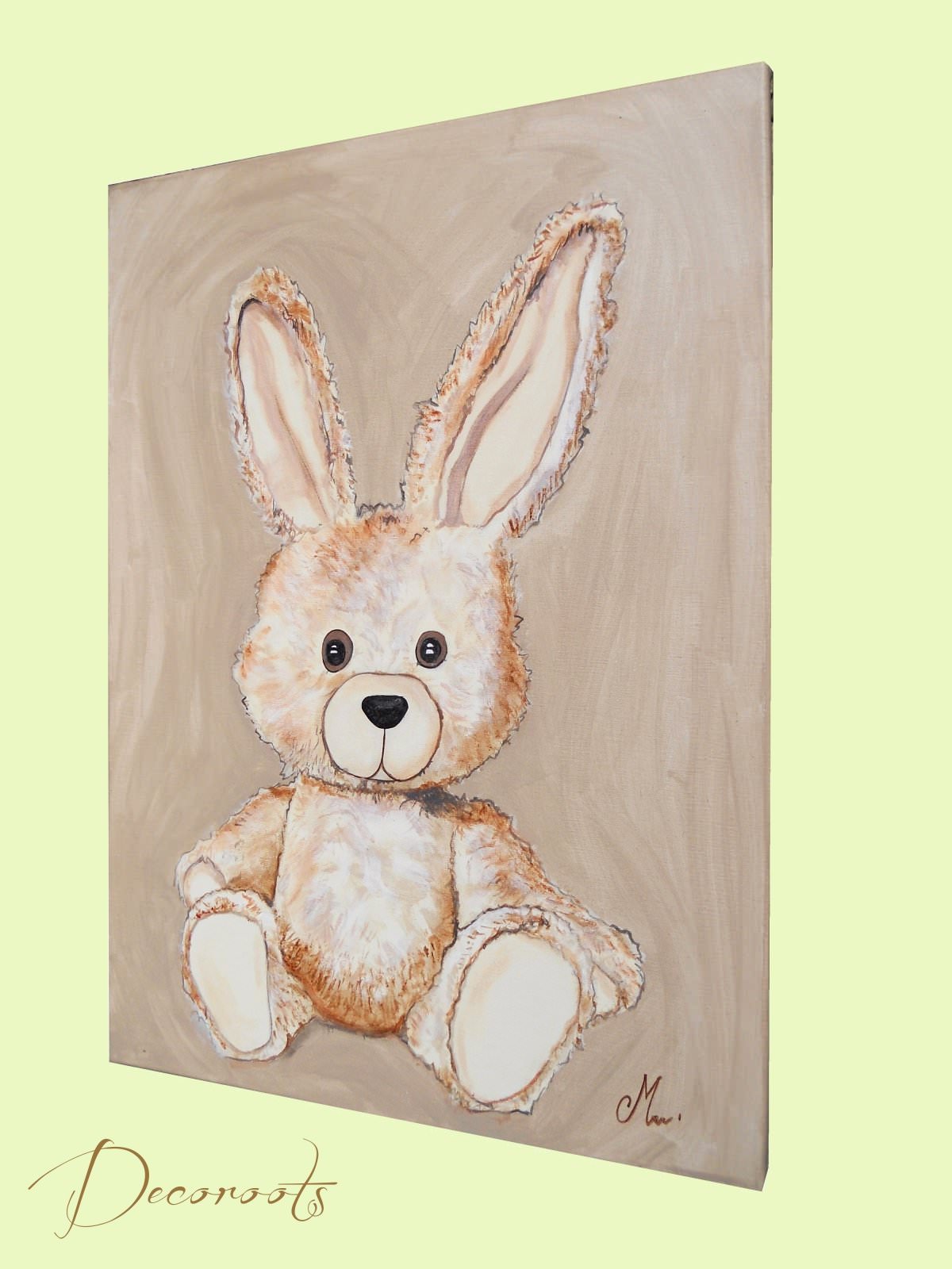tableau enfant bébé lapin en peluche beige taupe marron chocolat décoration mixte fille garçon sf normal profil