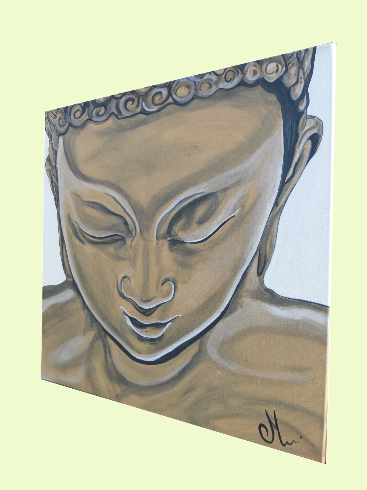 tableau zen ethnique bouddha blanc marron taupe moderne contemporain peint à la main décoration chambre salon PROFIL