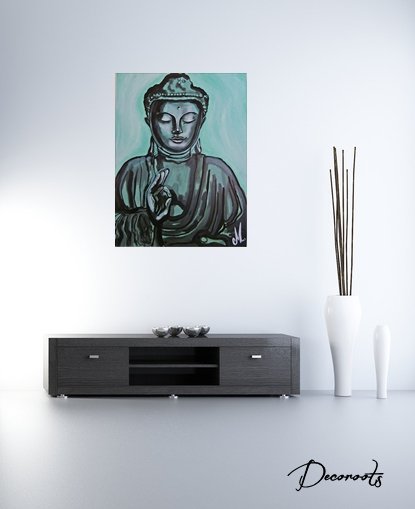 tableau ethnique zen bouddha noir et blanc vert de gris peint à la main décoration 3