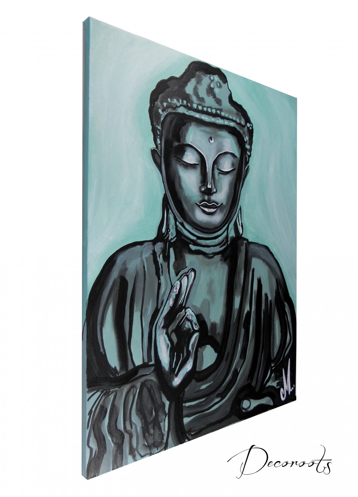 tableau ethnique zen bouddha noir et blanc vert de gris peint à la main décoration PROFIL
