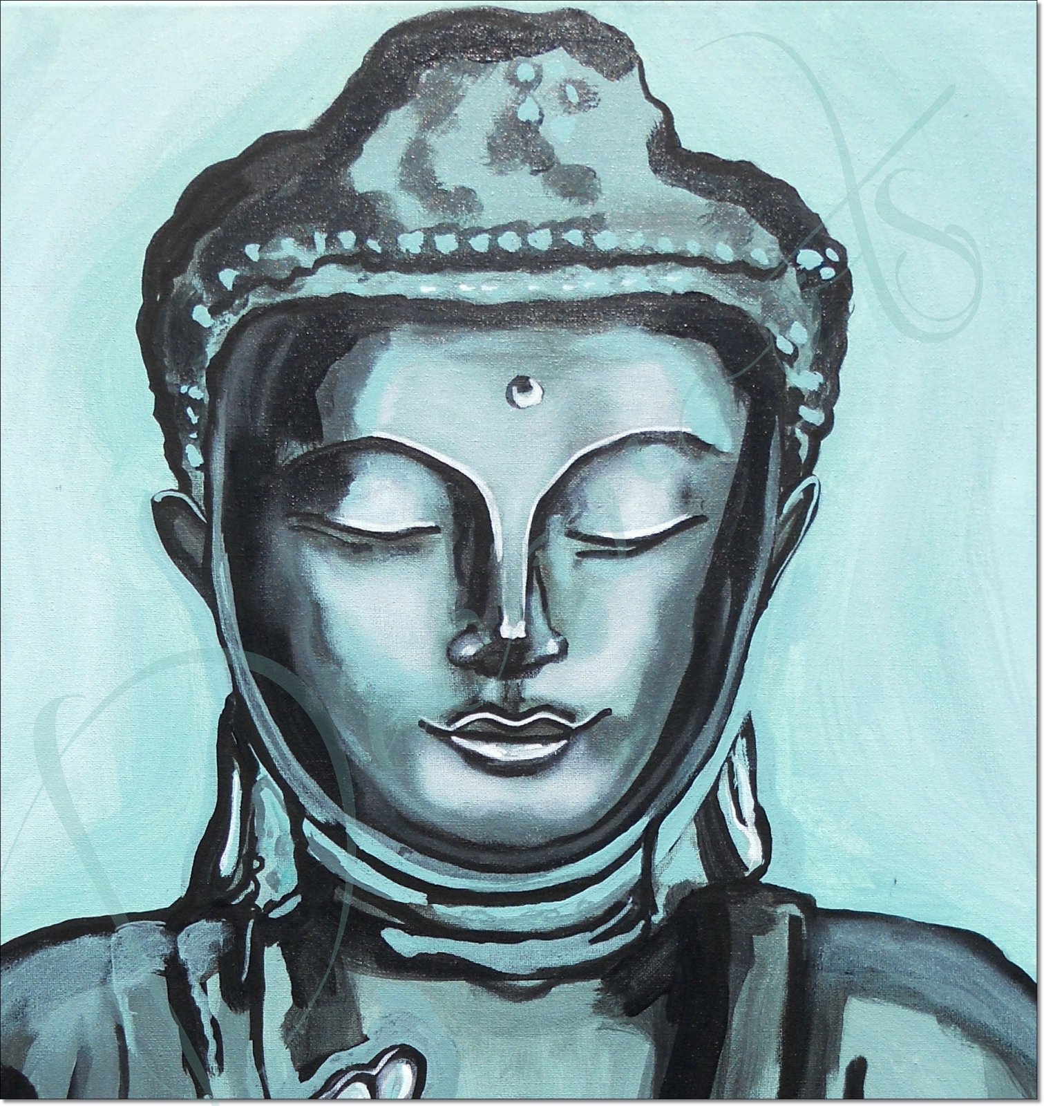 tableau ethnique zen bouddha noir et blanc vert de gris peint à la main décoration ZOOM