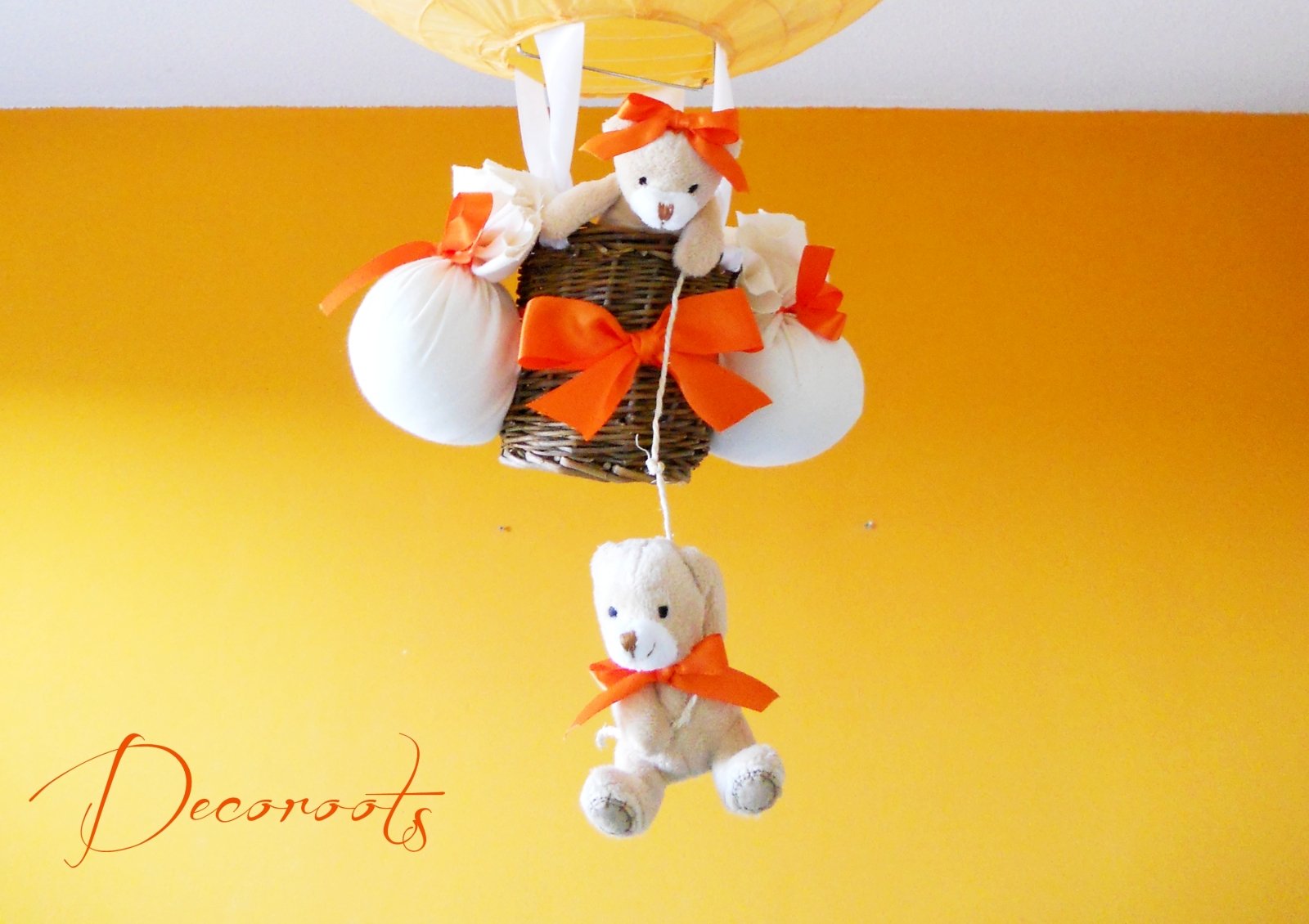 lampe montgolfière enfant bébé ours et oursonne peluche orange beige blanc luminaire lustre suspension abat-jour décoration mixte zoom