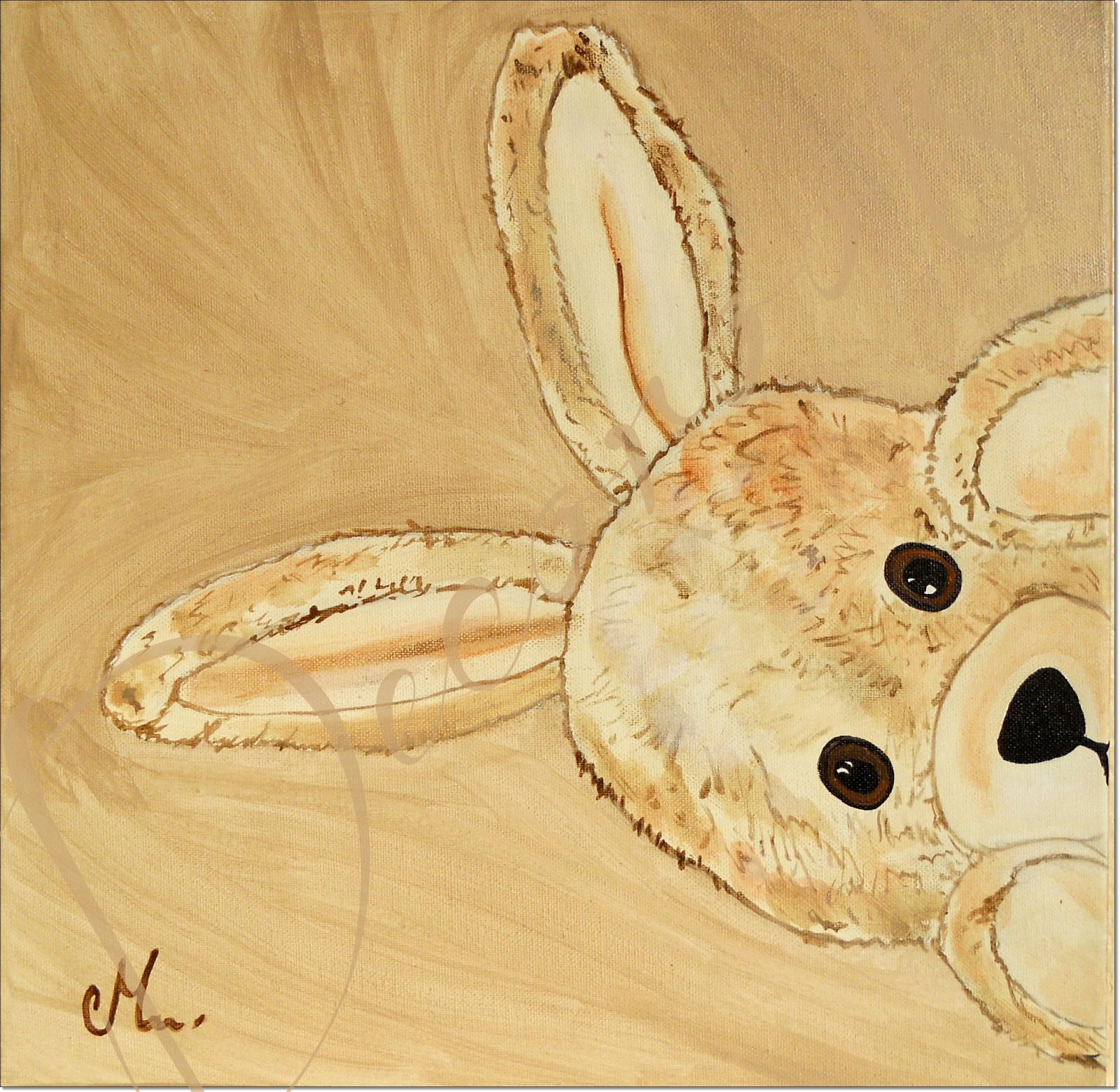 tableau enfant bébé lapin en peluche beige taupe marron chocolat décoration mixte fille garçon cache cache AF