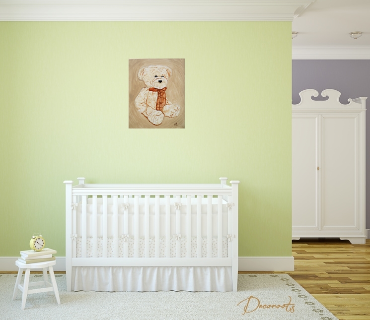 Tableau enfant bébé ours peluche beige marron taupe mixte fille garçon décoration chambre vert bleu rose 3