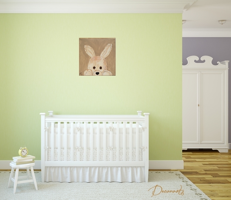 Tableau enfant bébé lapin peluche coucou beuh beige marron taupe mixte fille garçon décoration chambre vert bleu rose vert 2