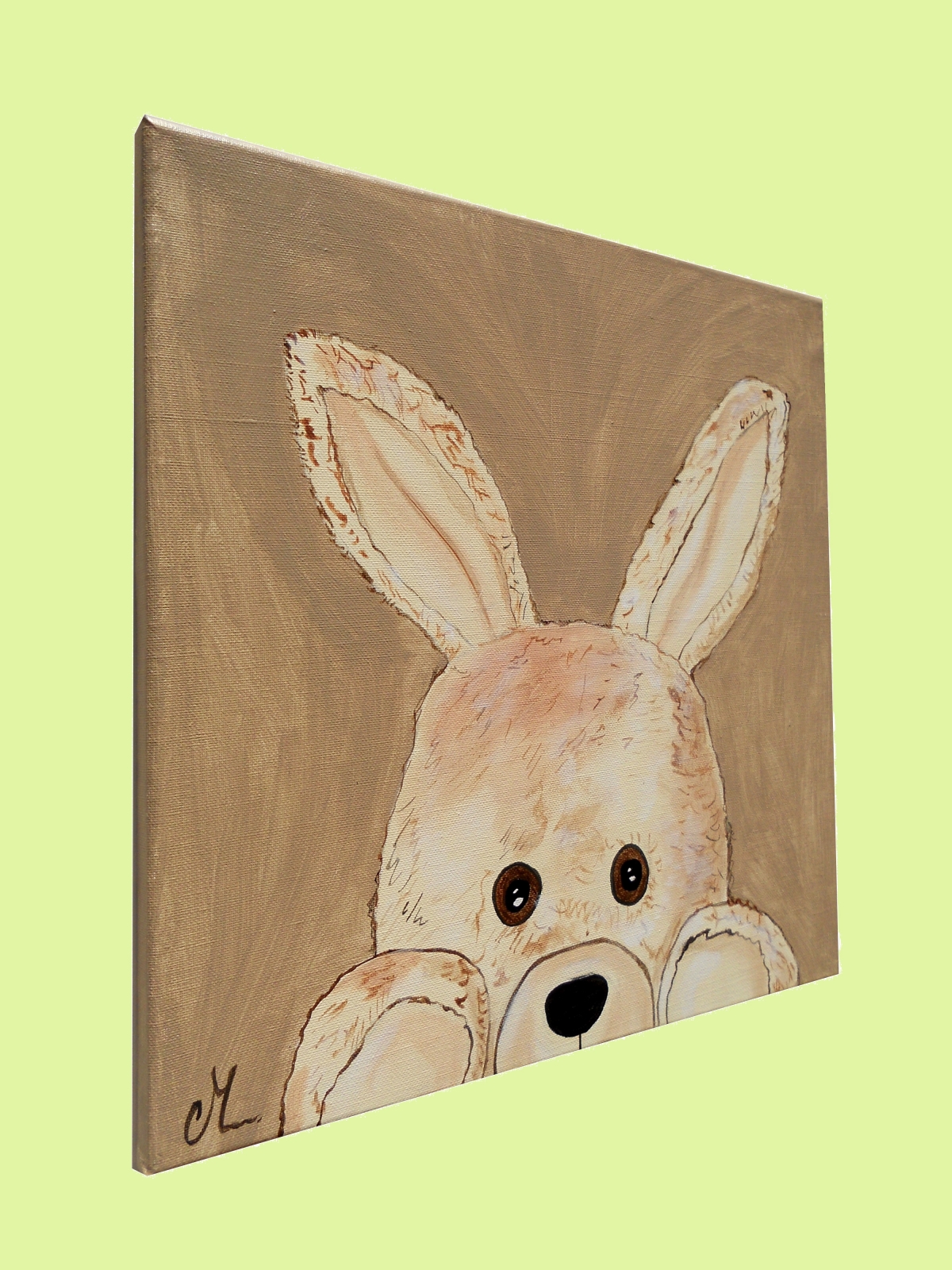 tableau enfant bébé lapin en peluche beige taupe marron chocolat décoration mixte fille garçon sf coucou beuh profil