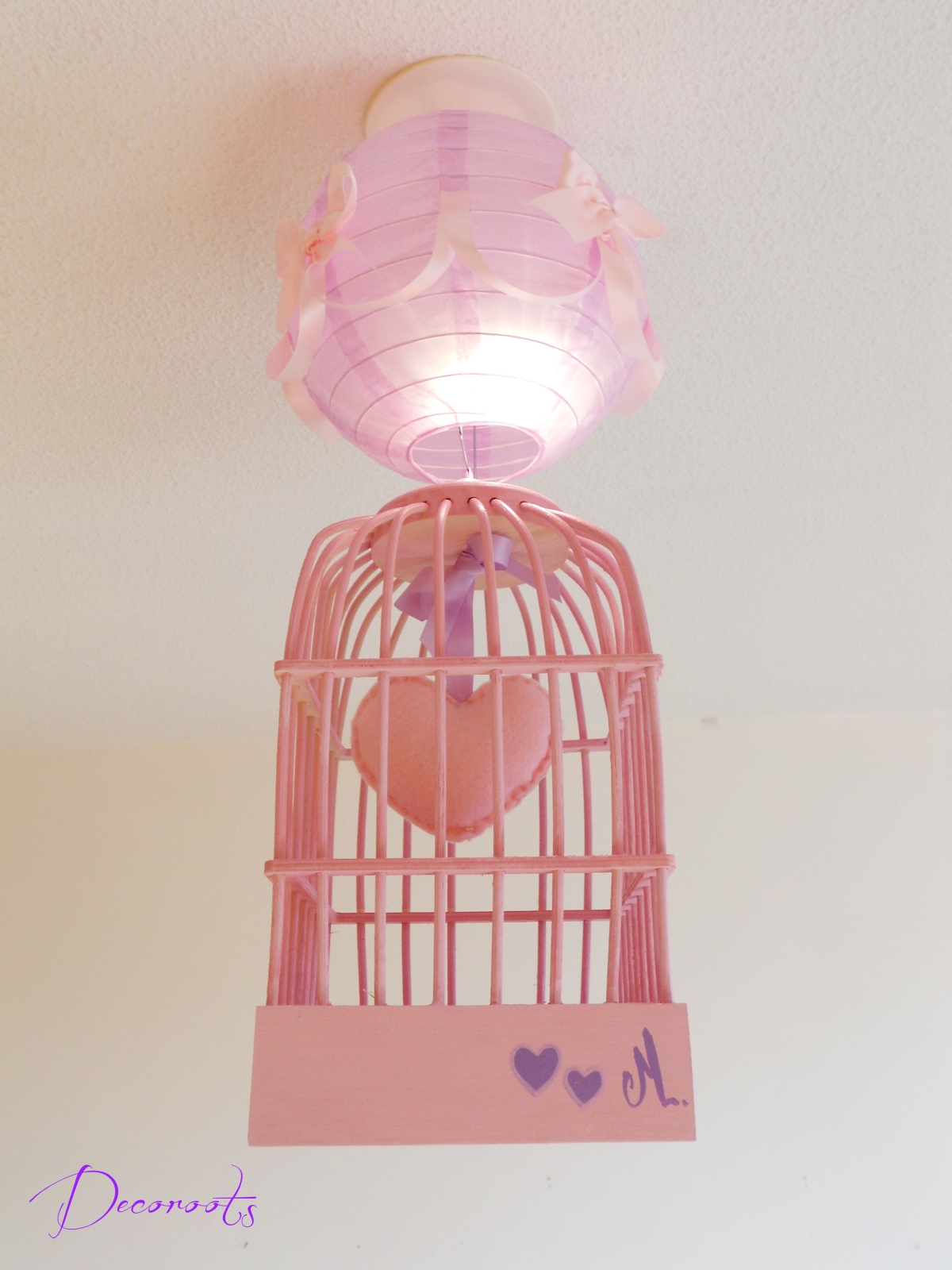 lustre suspension abat-jour lampe luminaire coeur violet parme rose pastel chambre décoration fille allumée