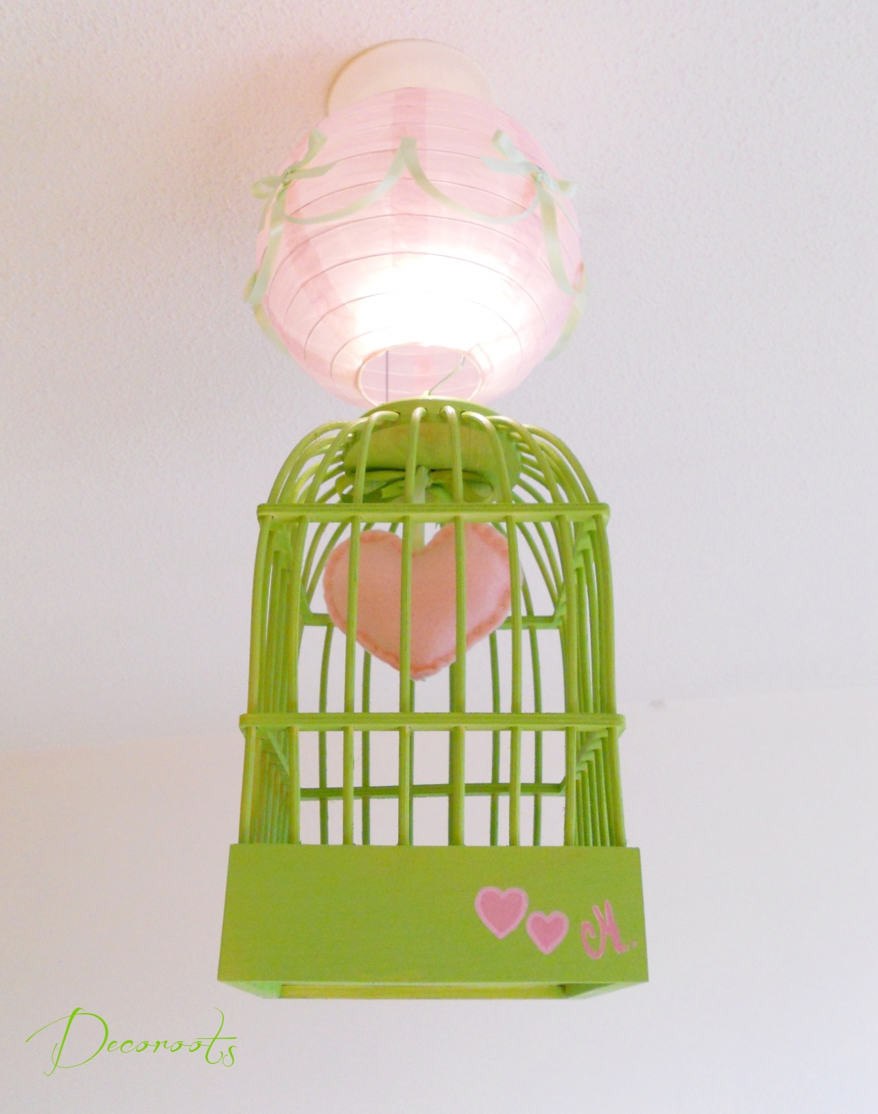 lustre suspension abat-jour lampe luminaire coeur vert deau et  rose chambre décoration fille allumée