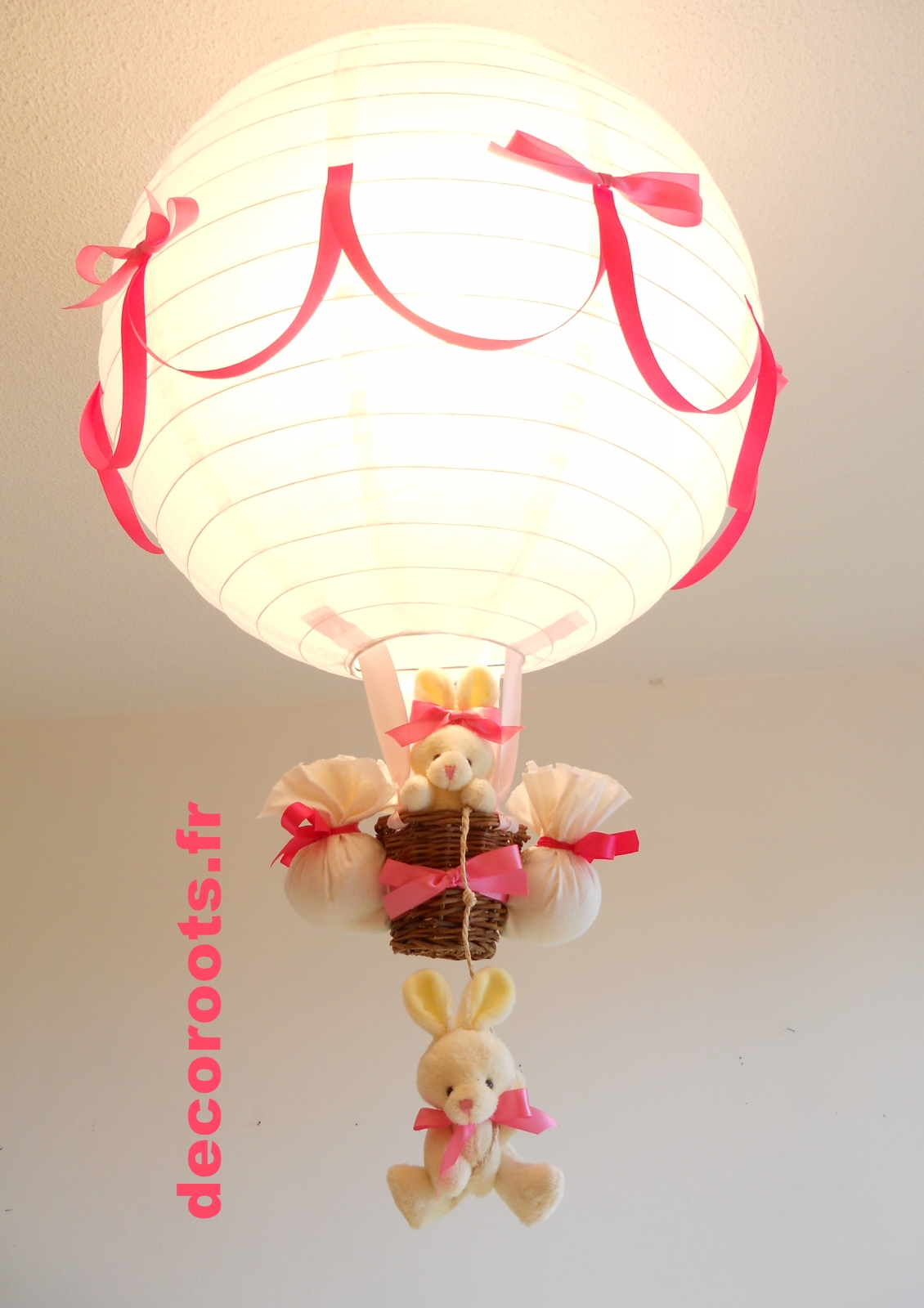 lampe montgolfière enfant bébé lapin rose fuchsia blanc 3