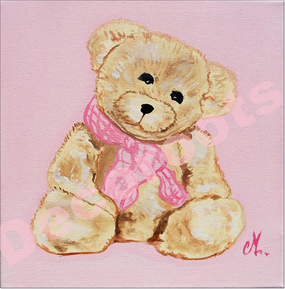 tableau enfant bébé fille ours rose beige AF